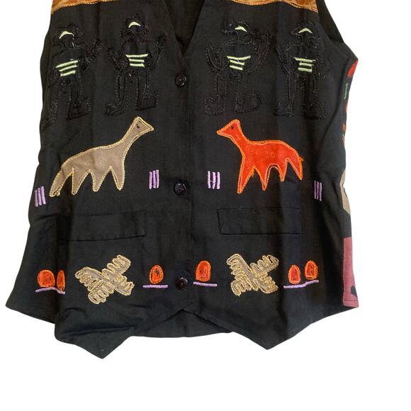 Vintage 90s Instyle New York Black Tribal Embroidered Fitted Rayon Vest Sz Small - Picture 8 of 16